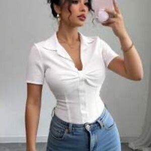Selianne Women's Plain Front Button Short Sleeve Casual Shirt, Daily Wear